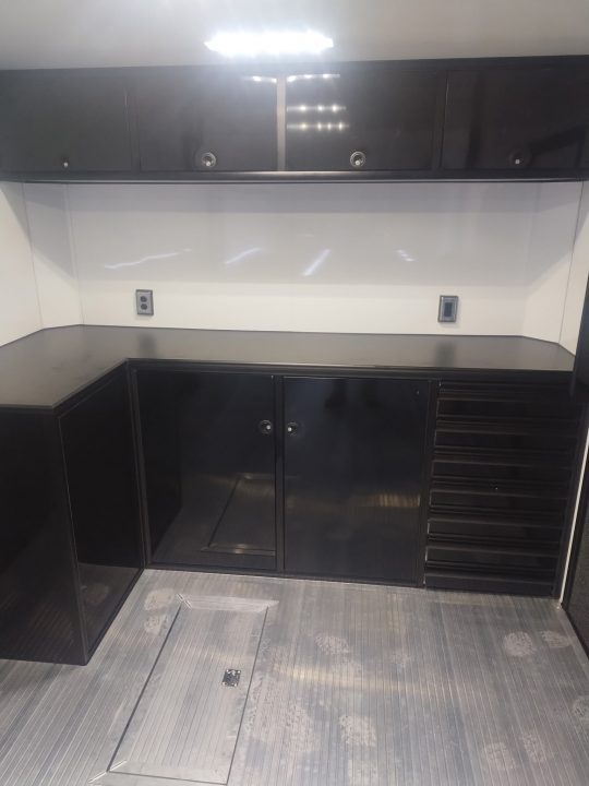 New In-Tech Lite 8.5x32 Stacker Race Trailer-21K- Sportsman Gray W/ Black Trim, Escape Door, WW Cabinet, L Cabinet, & Winch