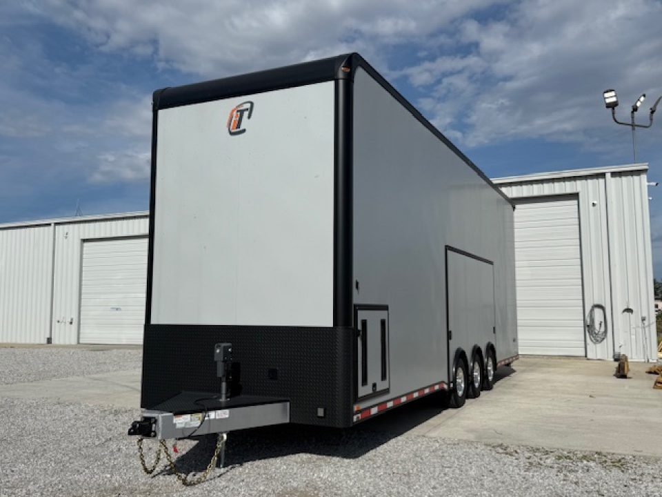 New In-Tech Lite 8.5x32 Stacker Race Trailer-21K- Sportsman Gray W/ Black Trim, Escape Door, WW Cabinet, L Cabinet, & Winch