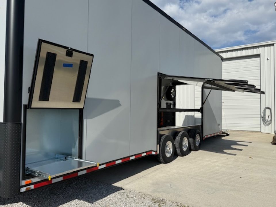 New In-Tech Lite 8.5x32 Stacker Race Trailer-21K- Sportsman Gray W/ Black Trim, Escape Door, WW Cabinet, L Cabinet, & Winch