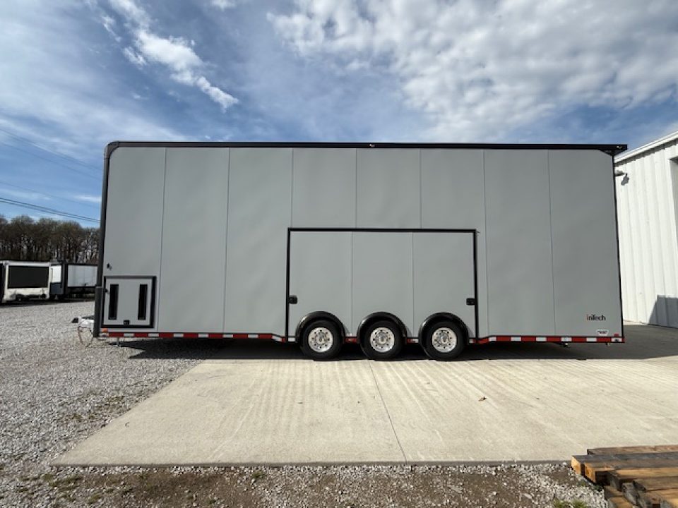 New In-Tech Lite 8.5x32 Stacker Race Trailer-21K- Sportsman Gray W/ Black Trim, Escape Door, WW Cabinet, L Cabinet, & Winch