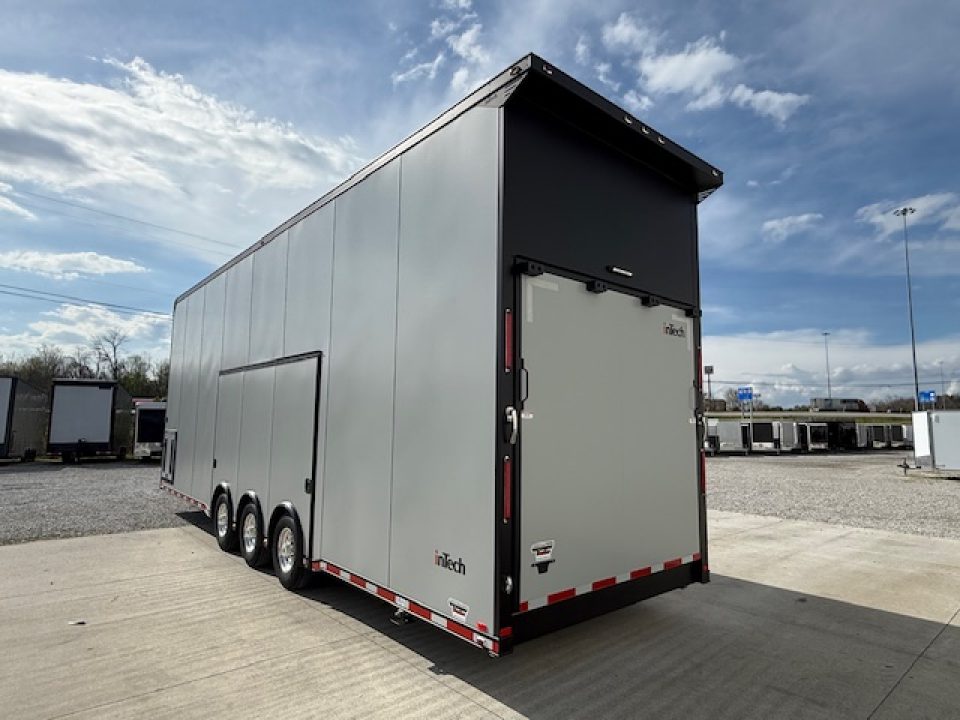 New In-Tech Lite 8.5x32 Stacker Race Trailer-21K- Sportsman Gray W/ Black Trim, Escape Door, WW Cabinet, L Cabinet, & Winch