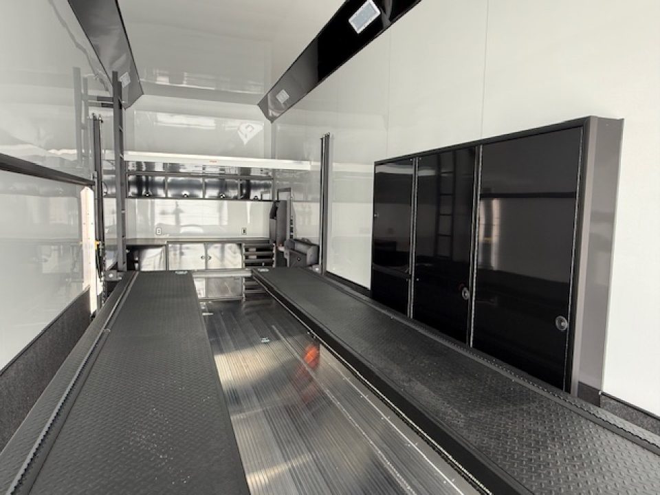 New In-Tech Lite 8.5x32 Stacker Race Trailer-21K- Sportsman Gray W/ Black Trim, Escape Door, WW Cabinet, L Cabinet, & Winch
