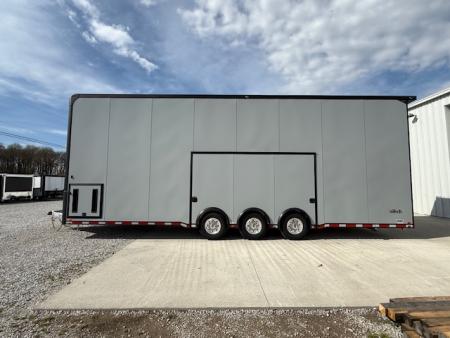 New In-Tech Lite 8.5x32 Stacker Race Trailer-21K- Sportsman Gray W/ Black Trim, Escape Door, WW Cabinet, L Cabinet, & Winch
