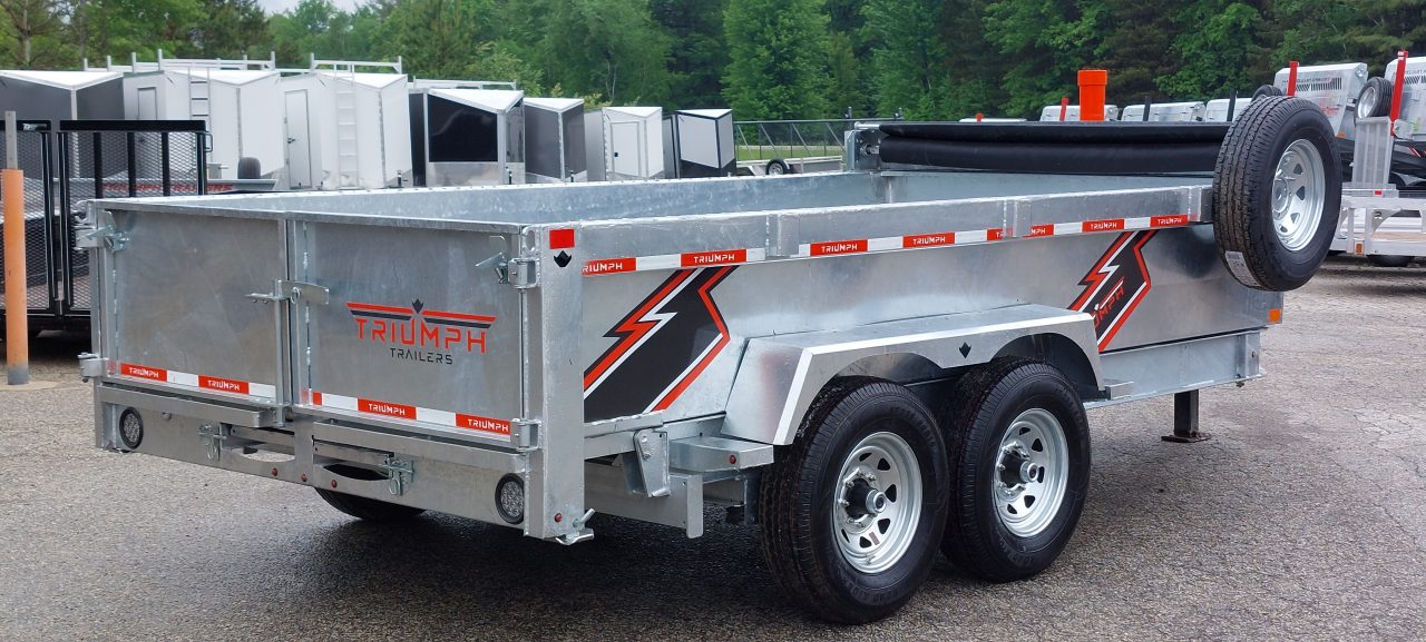 New 82" X 14' GALVANIZED DUMP TRAILER 7 K AXLES HYDRAULIC JACKS WIRELESS REMOTE FREE SPARE TIRE TRIUMPH 2026