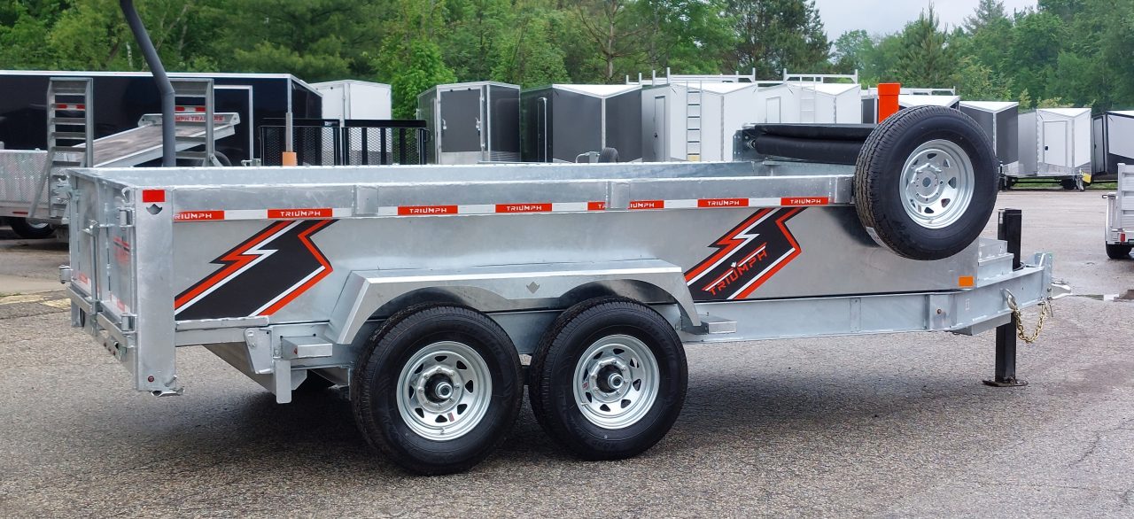 New 82" X 14' GALVANIZED DUMP TRAILER 7 K AXLES HYDRAULIC JACKS WIRELESS REMOTE FREE SPARE TIRE TRIUMPH 2026