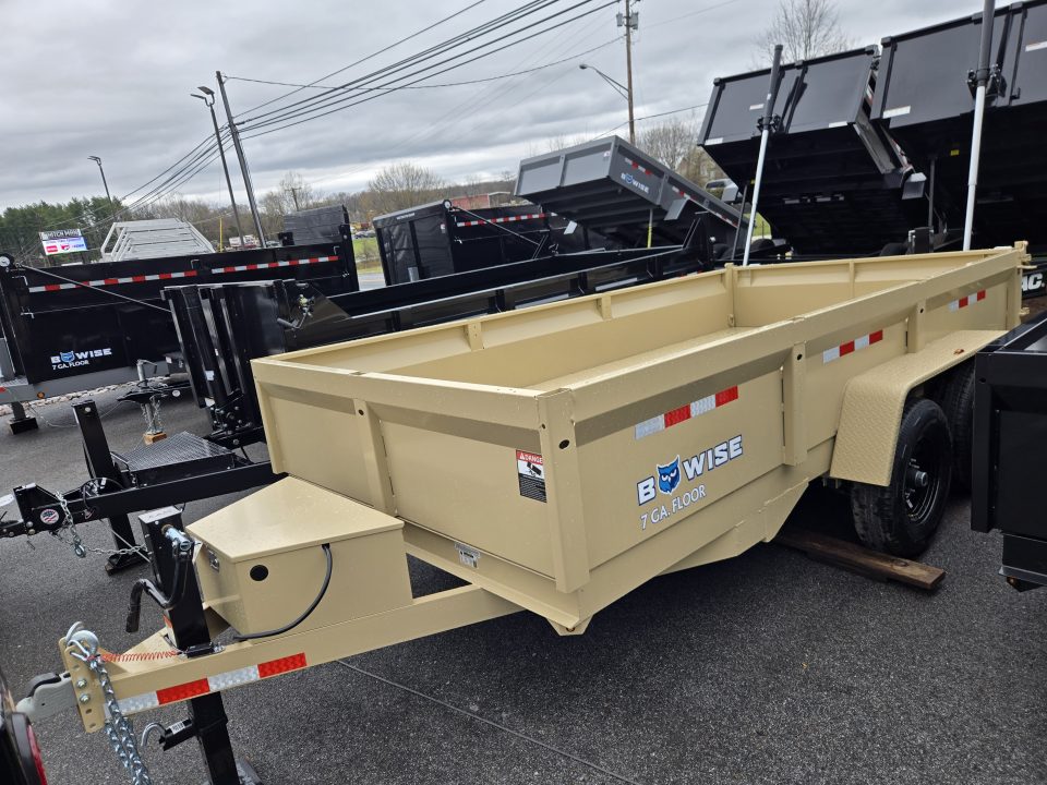 New 7 x 14 B-WISE LE Series Low Profile Dump Trailer, 14K Dual-Ram **Desert Tan, 7 GA Floor, Ramps, Dual-Acting Gate, D-Rings
