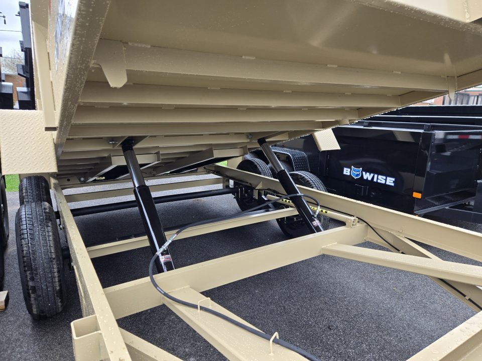 New 7 x 14 B-WISE LE Series Low Profile Dump Trailer, 14K Dual-Ram **Desert Tan, 7 GA Floor, Ramps, Dual-Acting Gate, D-Rings