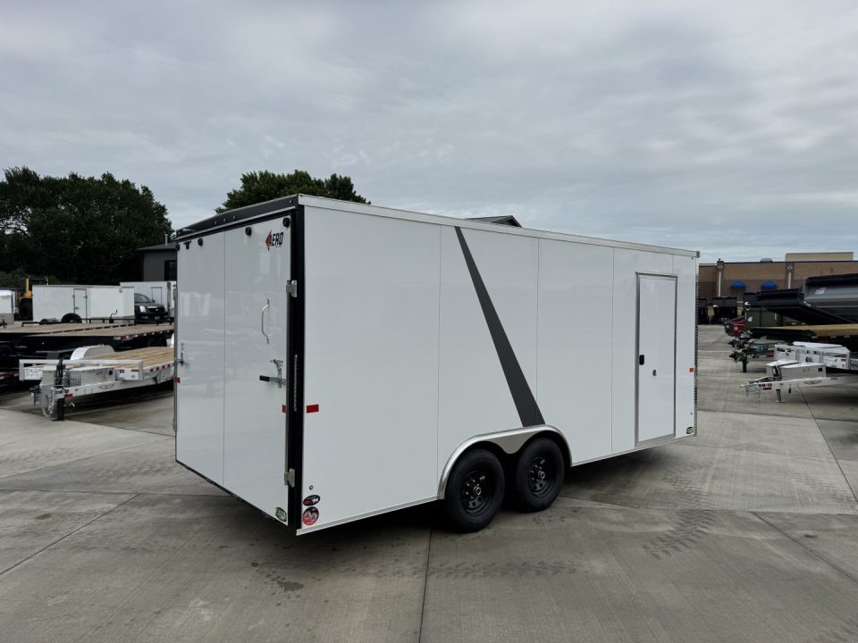 New 2026 AERO 8.5x18 +2’V, 7’ TALL, WHITE Interior, QUALITY Enclosed Rear Ramp Car Hauler Cargo Trailer