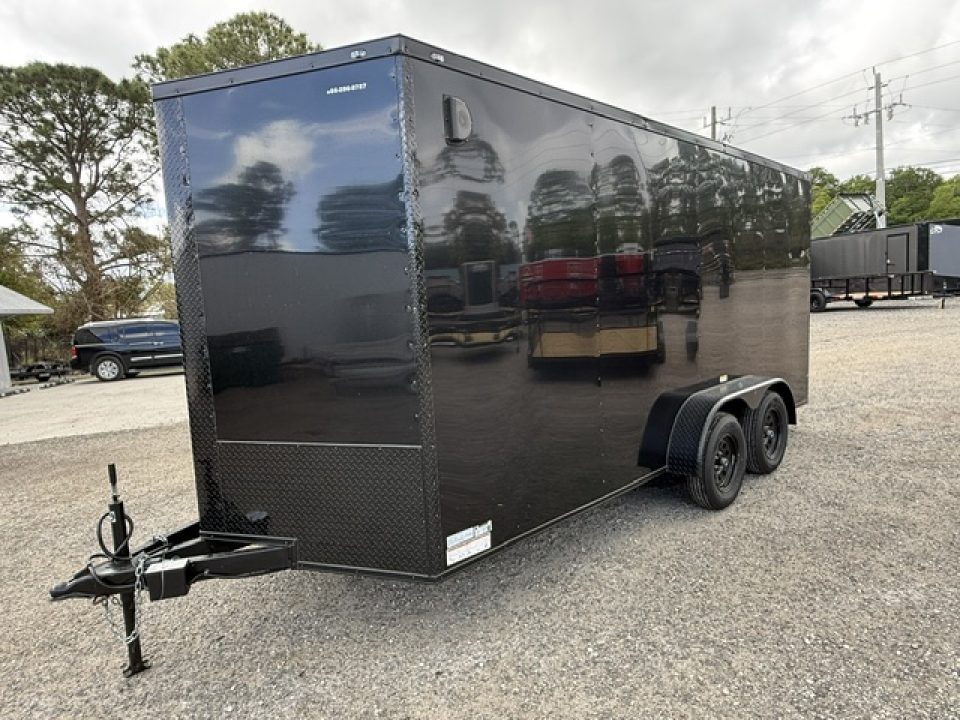 Used 2025 Trailer Source Manufacturing LLC 7x16 Enclosed Black Trailer – 7K GVWR, Brakes, Bar Locks, Blackout Cargo Trailer