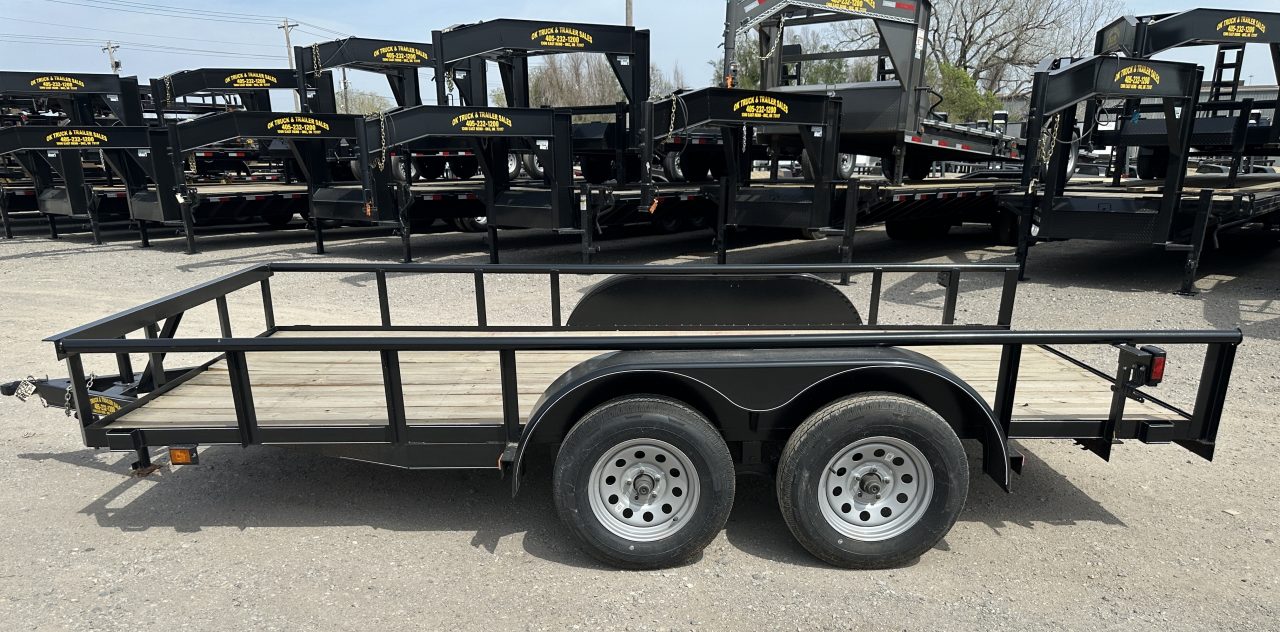New 2025 Road Boss 77"x14' Tandem Axle Bumper Pull with Slide in Ramps & Pipe Rail Utility Trailer