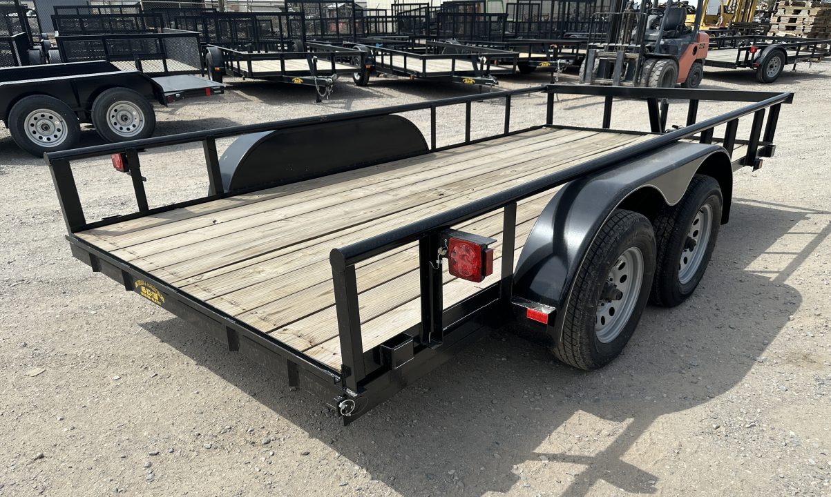 New 2025 Road Boss 77"x14' Tandem Axle Bumper Pull with Slide in Ramps & Pipe Rail Utility Trailer