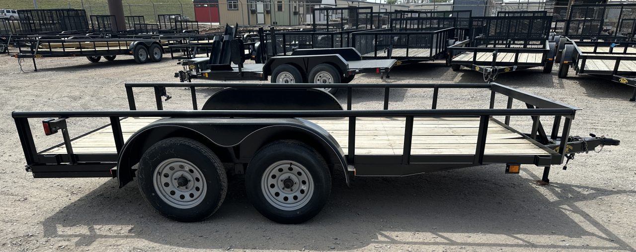 New 2025 Road Boss 77"x14' Tandem Axle Bumper Pull with Slide in Ramps & Pipe Rail Utility Trailer