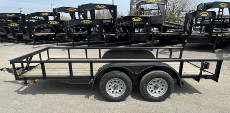 New 2025 Road Boss 77"x14' Tandem Axle Bumper Pull with Slide in Ramps & Pipe Rail Utility Trailer