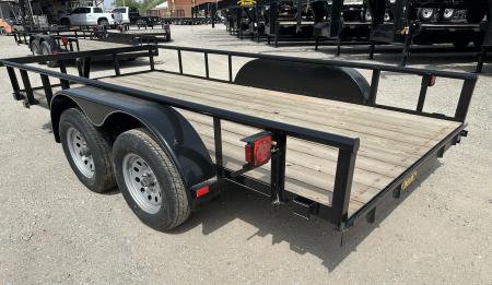 New 2025 Road Boss 77"x14' Tandem Axle Bumper Pull with Slide in Ramps & Pipe Rail Utility Trailer