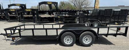 New 2025 Road Boss 83"x18' Tandem Axle Bumper Pull with Slide in Ramps & Pipe Rail Utility Trailer