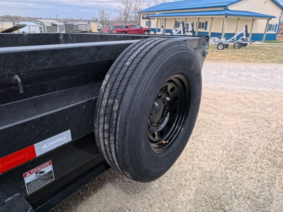 New 2026 Iron Bull 83 x 14 DWB Legendary Reserve Model 14K GVWR, 14 ply Tires, Hydraulic Jack, Scissor Hoist, Aluminum Ramp, Matching Spare, Rear Supports and Solar Charger, Black Dump Trailer