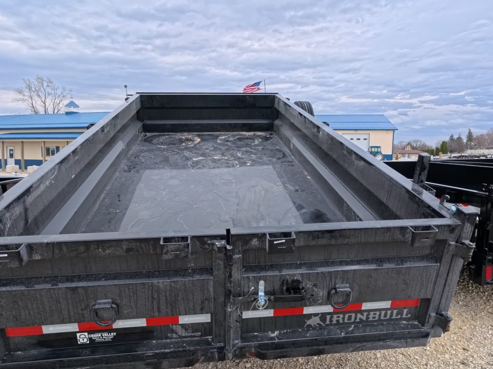 New 2026 Iron Bull 83 x 14 DWB Legendary Reserve Model 14K GVWR, 14 ply Tires, Hydraulic Jack, Scissor Hoist, Aluminum Ramp, Matching Spare, Rear Supports and Solar Charger, Black Dump Trailer