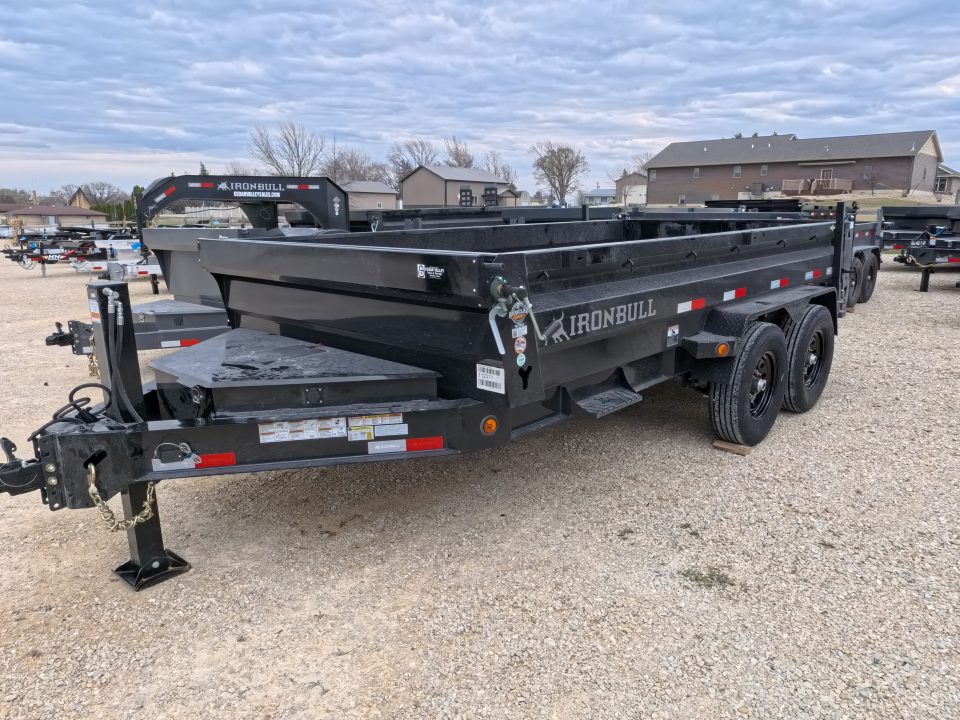 New 2026 Iron Bull 83 x 14 DWB Legendary Reserve Model 14K GVWR, 14 ply Tires, Hydraulic Jack, Scissor Hoist, Aluminum Ramp, Matching Spare, Rear Supports and Solar Charger, Black Dump Trailer