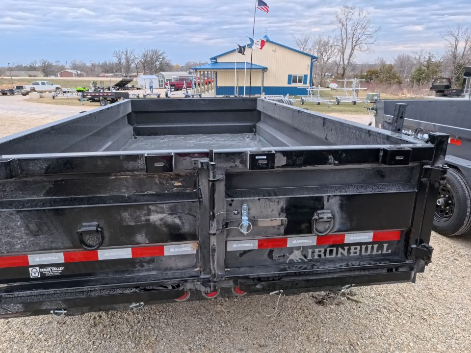 New 2026 Iron Bull 83 x 14 DWB Legendary Reserve Model 14K GVWR, 14 ply Tires, Hydraulic Jack, Scissor Hoist, Aluminum Ramp, Matching Spare, Rear Supports and Solar Charger, Black Dump Trailer