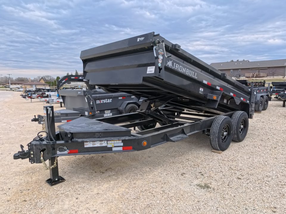 New 2026 Iron Bull 83 x 14 DWB Legendary Reserve Model 14K GVWR, 14 ply Tires, Hydraulic Jack, Scissor Hoist, Aluminum Ramp, Matching Spare, Rear Supports and Solar Charger, Black Dump Trailer
