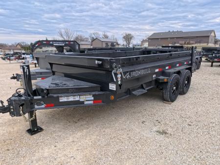 New 2026 Iron Bull 83 x 14 DWB Legendary Reserve Model 14K GVWR, 14 ply Tires, Hydraulic Jack, Scissor Hoist, Aluminum Ramp, Matching Spare, Rear Supports and Solar Charger, Black Dump Trailer