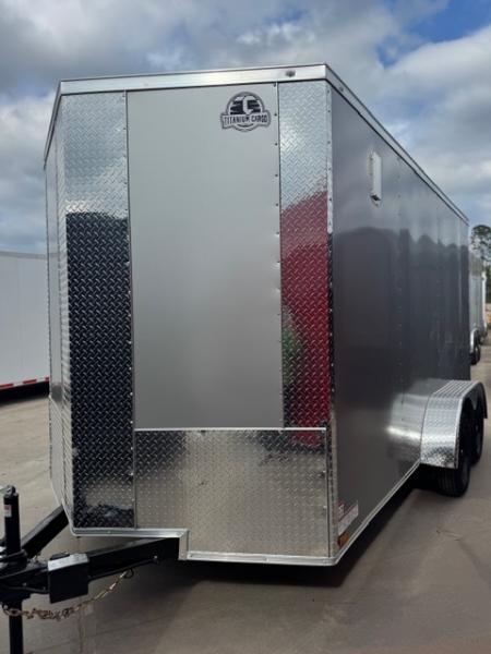 New 2026 Titanium 7x14 TA Cargo / Enclosed Trailer Silver Frost Polycore Black Mod Wheels