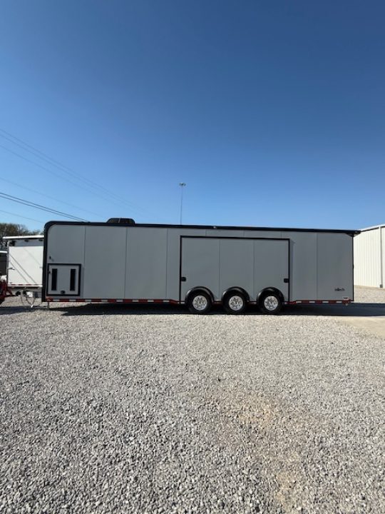 New In-Tech Lite 8.5x32 Race Trailer-18K - Sportsman Gray W/ Black Trim L Base Cabinet, Winch, A/C & WW Cabinet