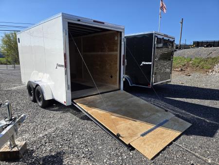 New 7 x 14 Homesteader Intrepid V-Nose Cargo 7k GVWR **White w/ Ramp Door Package