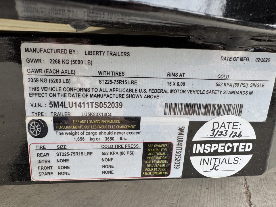 New 2026 Liberty LU14 5k Utility Trailer