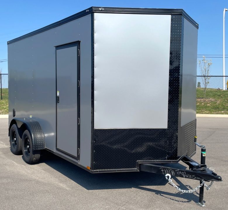 New 7'x14' Tandem Axle Cargo Trailer: Silver w/ Black Trim, 7, 000 GVWR, Ramp Door