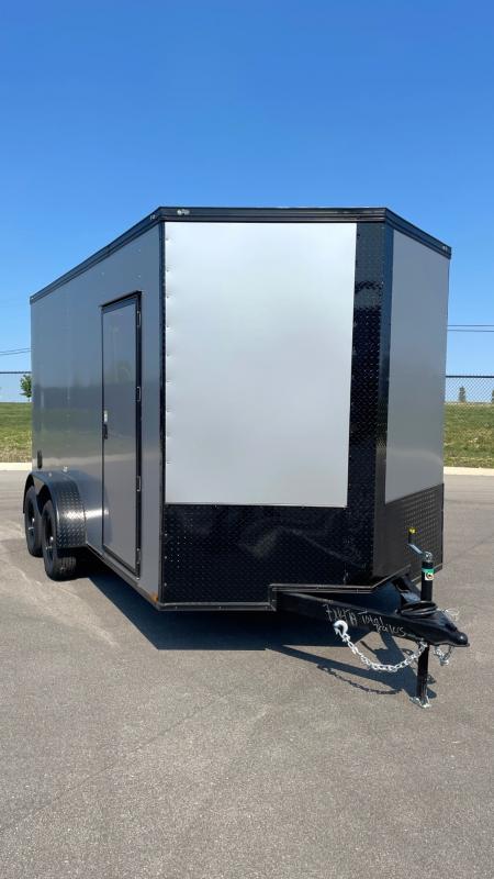 New 7'x14' Tandem Axle Cargo Trailer: Silver w/ Black Trim, 7, 000 GVWR, Ramp Door