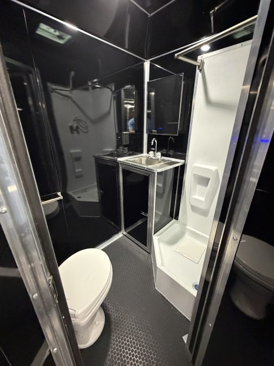 New 2026 Haulmark 34 Bathoom Race Trailer, Air Prep PKG, Awning, Polycor, Insulated, Window, 54" ALX Slide Out Step, A/C + Heat