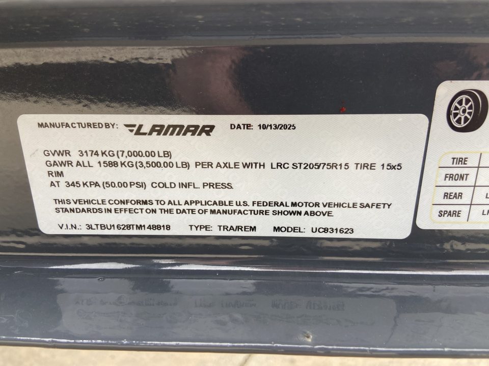 New Lamar 63"X16'UC 7K Utility Trailer