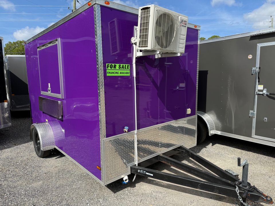 Used 2025 All World Trailers 7 x 12 Purple Enclosed Food Trailer with Fridge & Dish Washing Stations