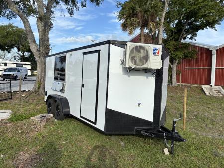 Used 2025 Cargo United LLC Food Truck 7 x 12 Dual Axle White with Blackout Package and Rear Wing with LED Lights Enclosed Trailer