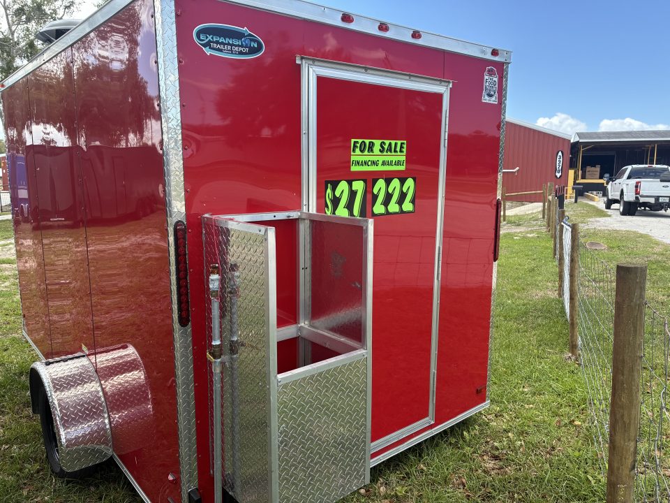 Used 2025 All World Trailers 7 x 12 Red Enclosed Food Trailer with Pizza Ovens, AC & Propane Tank Holder