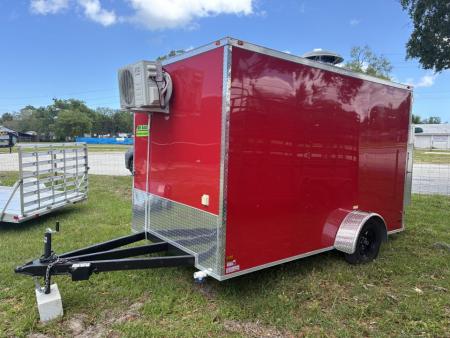Used 2025 All World Trailers 7 x 12 Red Enclosed Food Trailer with Pizza Ovens, AC & Propane Tank Holder