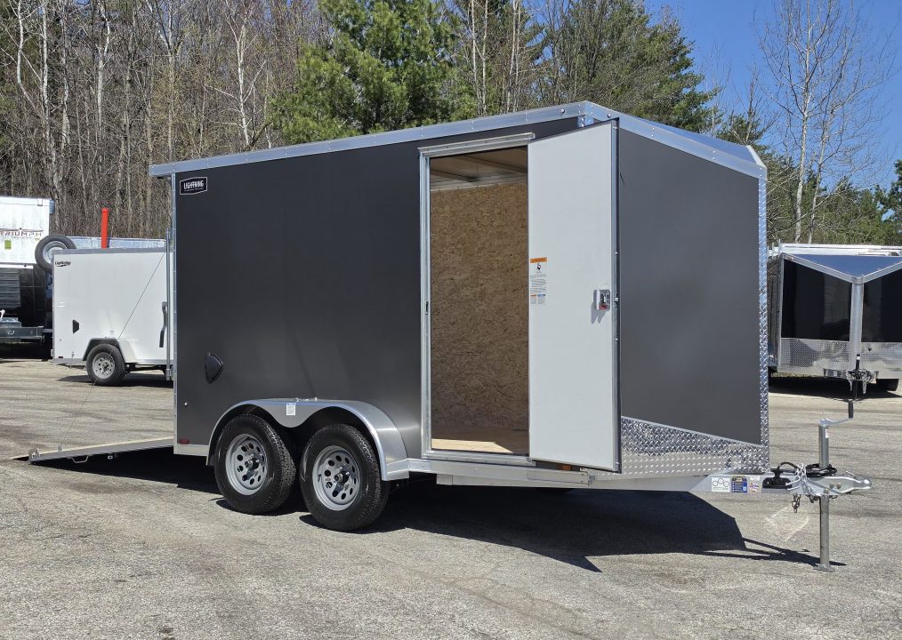 New 7 X 12 CARGO ENCLOSED TANDEM AXLE LIGHTNING ALL ALUMINUM REAR RAMP DOOR 2026