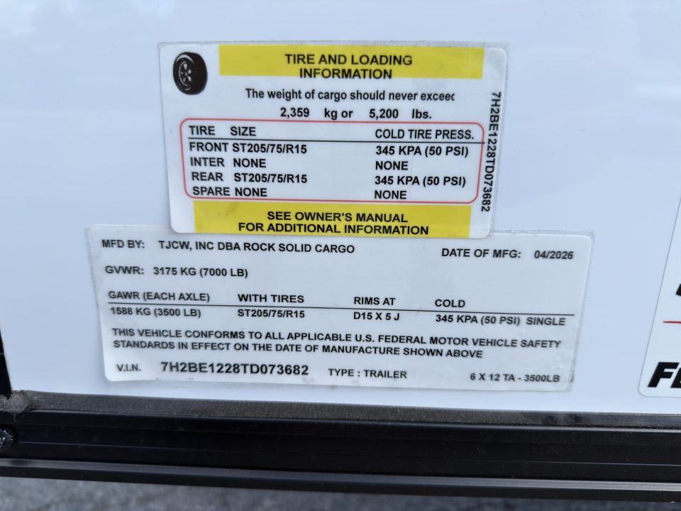 New 2026 Rock Solid Cargo 6X12 Rear Ramp Door 7K Cargo / Enclosed Trailer