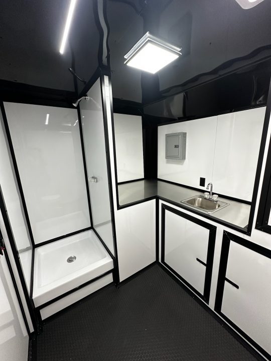 New 2026 Rock Solid Cargo 8.5x34 Bathroom/Race Trailer- Finished Interior-FLAT FRONT-7000LB Triple Torsion - 4X6 Escape Door - 25ft Awning