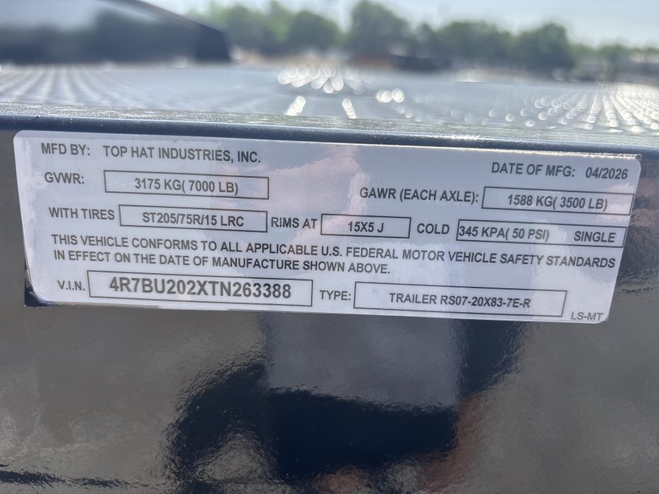 New #263388 2026 TOP HAT RS07 20 X 83 TANDEM AXLE 7K STEEL FLOOR CAR HAULER