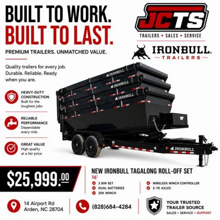 New 2026 IRON BULL / ROLL-OFF DUMP TRAILER / BUMPER PULL / 2-7,000# AXLES / 20 K WARRIOR WINCH / WITH 3-16' DUMP BINS