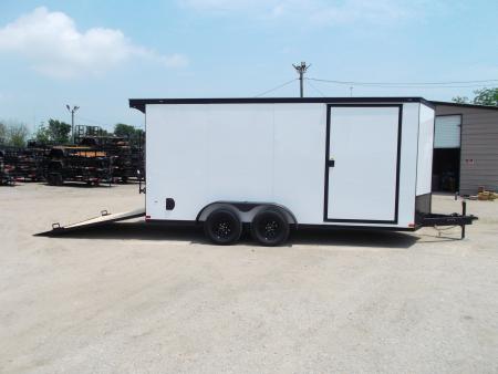 New 2026 Covered Wagon Trailers 7x16 Cargo Trailer / Enclosed Trailer / 7ft Int / Extra Wide Ramp / 48  RV Side Door / .080 White Poly Core / Black Out Package / V-Nose / Rear Spoiler w/ LED Loading Lights