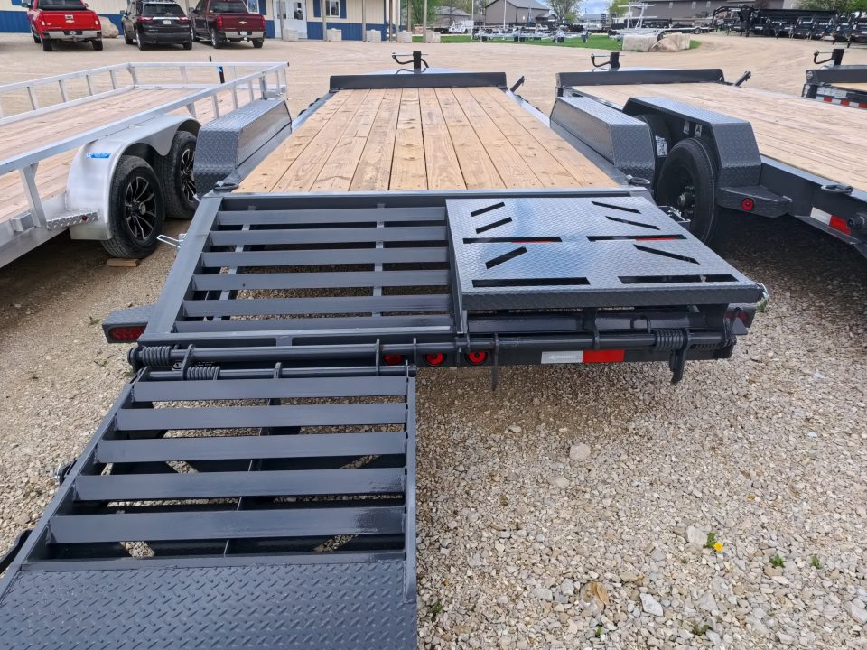 New 2026 Iron Bull 83x20 EWB Equipment Trailer, 2) 7K Straight Axles with 2 Elec. Fwd. Adj. Brakes, 3' Self Cleaning Dove Tail w/ Rampage Ramps