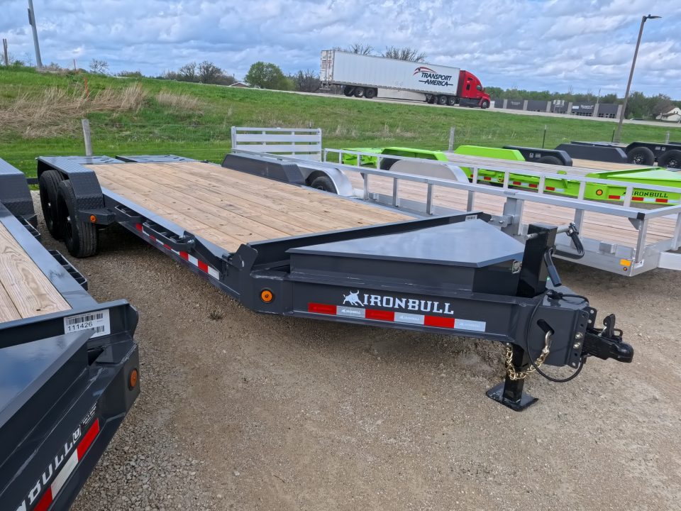 New 2026 Iron Bull 83x20 EWB Equipment Trailer, 2) 7K Straight Axles with 2 Elec. Fwd. Adj. Brakes, 3' Self Cleaning Dove Tail w/ Rampage Ramps