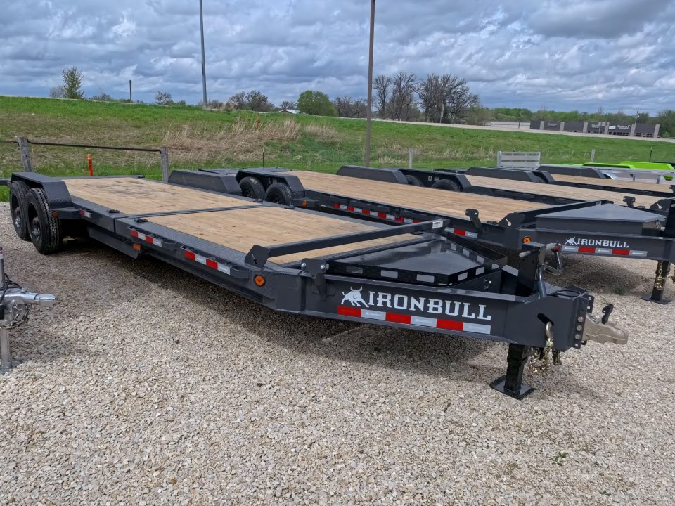 New 2026 Iron Bull 83x20 EWB Equipment Trailer, 2) 7K Straight Axles with 2 Elec. Fwd. Adj. Brakes -3' Self Cleaning Dove Tail w/ Rampage Ramps
