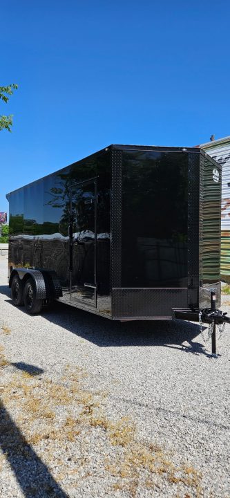 New 2026 Family Trailer 7x16 Tandem Axles Cargo / Enclosed Trailer- Screwless Exterior- Blackout Pkg- Rear Spoiler- HD Axles