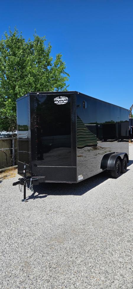 New 2026 Family Trailer 7x16 Tandem Axles Cargo / Enclosed Trailer- Screwless Exterior- Blackout Pkg- Rear Spoiler- HD Axles