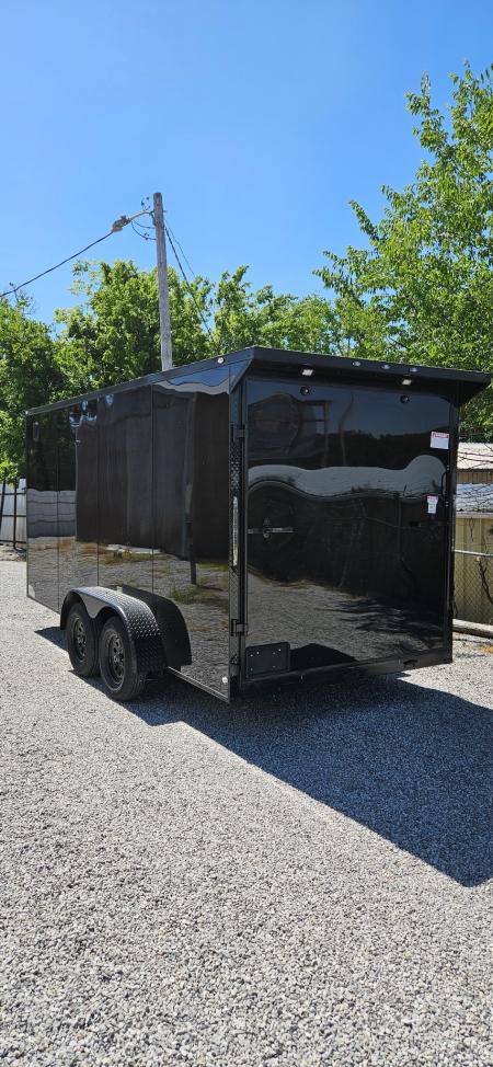 New 2026 Family Trailer 7x16 Tandem Axles Cargo / Enclosed Trailer- Screwless Exterior- Blackout Pkg- Rear Spoiler- HD Axles