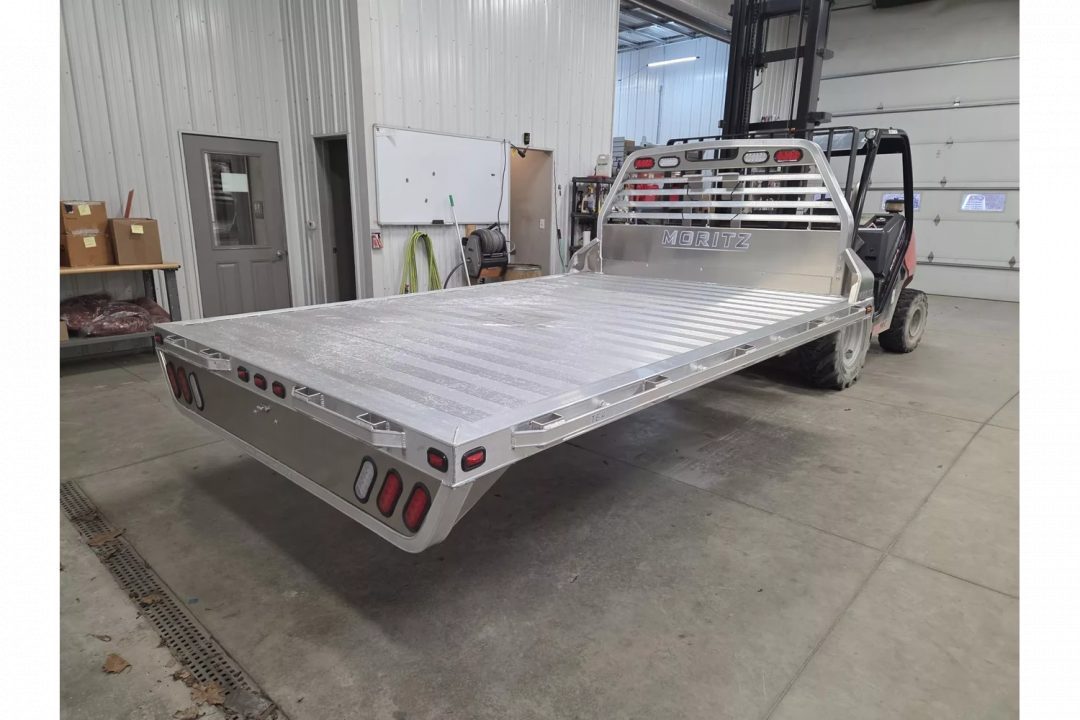 New Moritz International TBA8-114 DRW 84'' CA DRW ALUMINUM Flatbed w/Trap Door and Gooseneck Hitch Plate